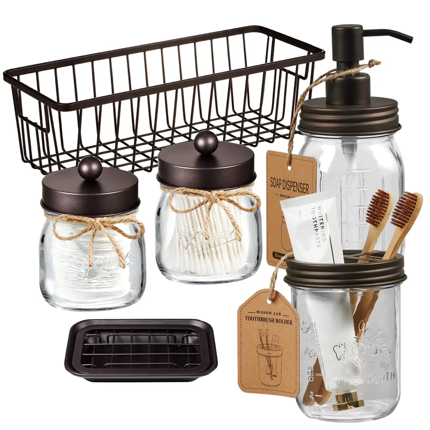 SheeChung Bathroom Accessories Set - 6Pcs Bathroom Decor, Bathroom Set, Toothbrush Holder, Lotion Soap Dispenser, 2 Mason Jars(Qtip Holders), Soap Dish, Storage Organizer Basket-Bronze 