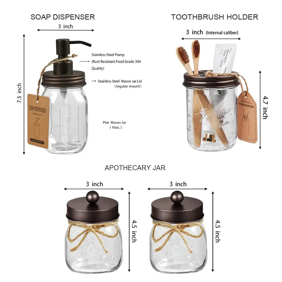 SheeChung Bathroom Accessories Set - 6Pcs Bathroom Decor, Bathroom Set, Toothbrush Holder, Lotion Soap Dispenser, 2 Mason Jars(Qtip Holders), Soap Dish, Storage Organizer Basket-Bronze 
