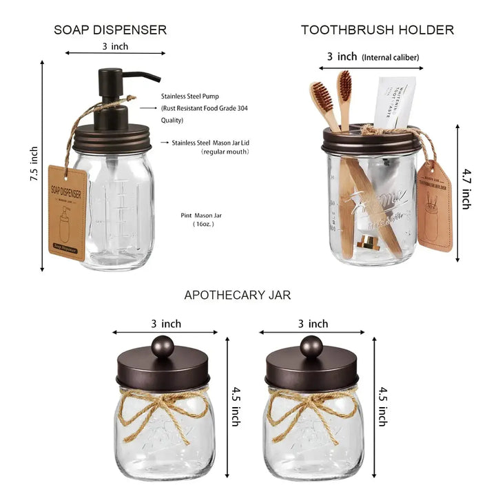 SheeChung Bathroom Accessories Set - 6Pcs Bathroom Decor, Bathroom Set, Toothbrush Holder, Lotion Soap Dispenser, 2 Mason Jars(Qtip Holders), Soap Dish, Storage Organizer Basket-Bronze 