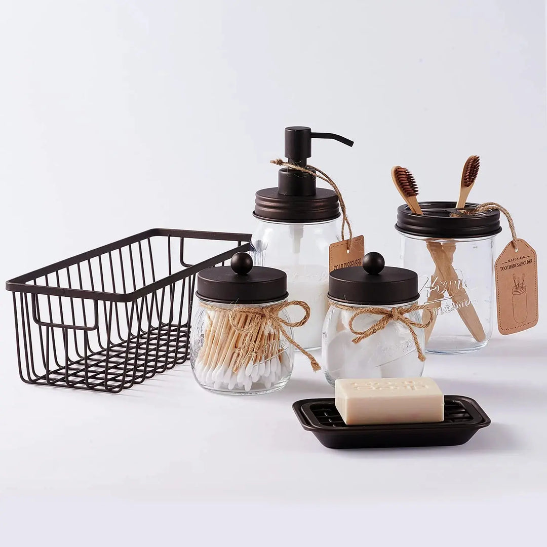SheeChung Bathroom Accessories Set - 6Pcs Bathroom Decor, Bathroom Set, Toothbrush Holder, Lotion Soap Dispenser, 2 Mason Jars(Qtip Holders), Soap Dish, Storage Organizer Basket-Bronze 