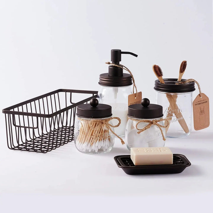 SheeChung Bathroom Accessories Set - 6Pcs Bathroom Decor, Bathroom Set, Toothbrush Holder, Lotion Soap Dispenser, 2 Mason Jars(Qtip Holders), Soap Dish, Storage Organizer Basket-Bronze 