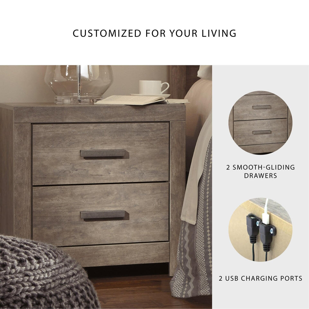 Signature Design by Ashley Culverbach Modern 2 Drawer Nightstand with 2 USB Charging Stations, 24.37" Tall, Weathered Gray 