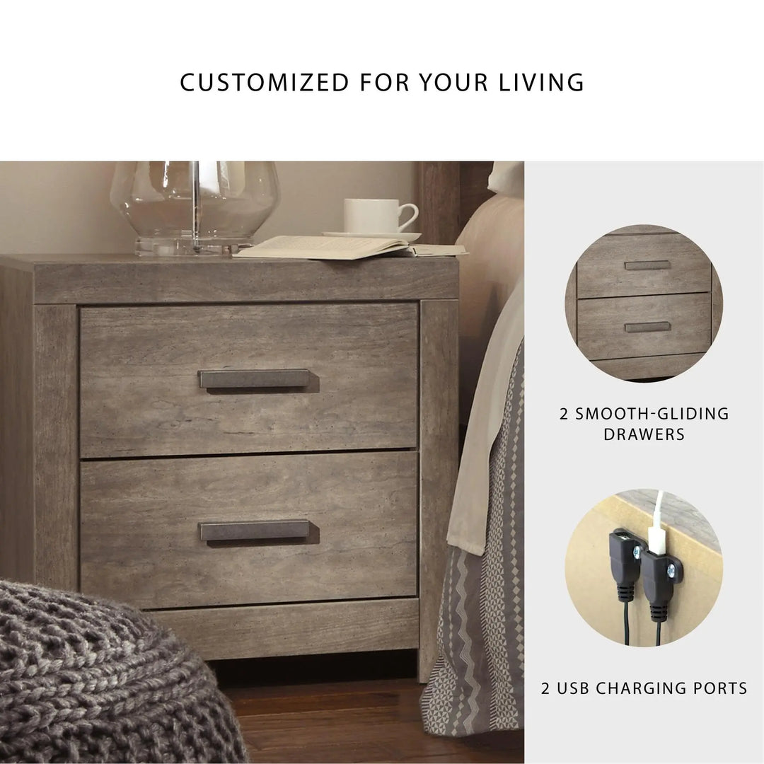 Signature Design by Ashley Culverbach Modern 2 Drawer Nightstand with 2 USB Charging Stations, 24.37" Tall, Weathered Gray 