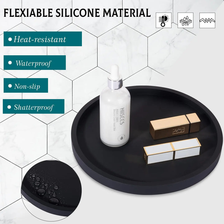 Silicone Bathroom Tray Coffee Table Decor Perfume Organizer, 9" Black