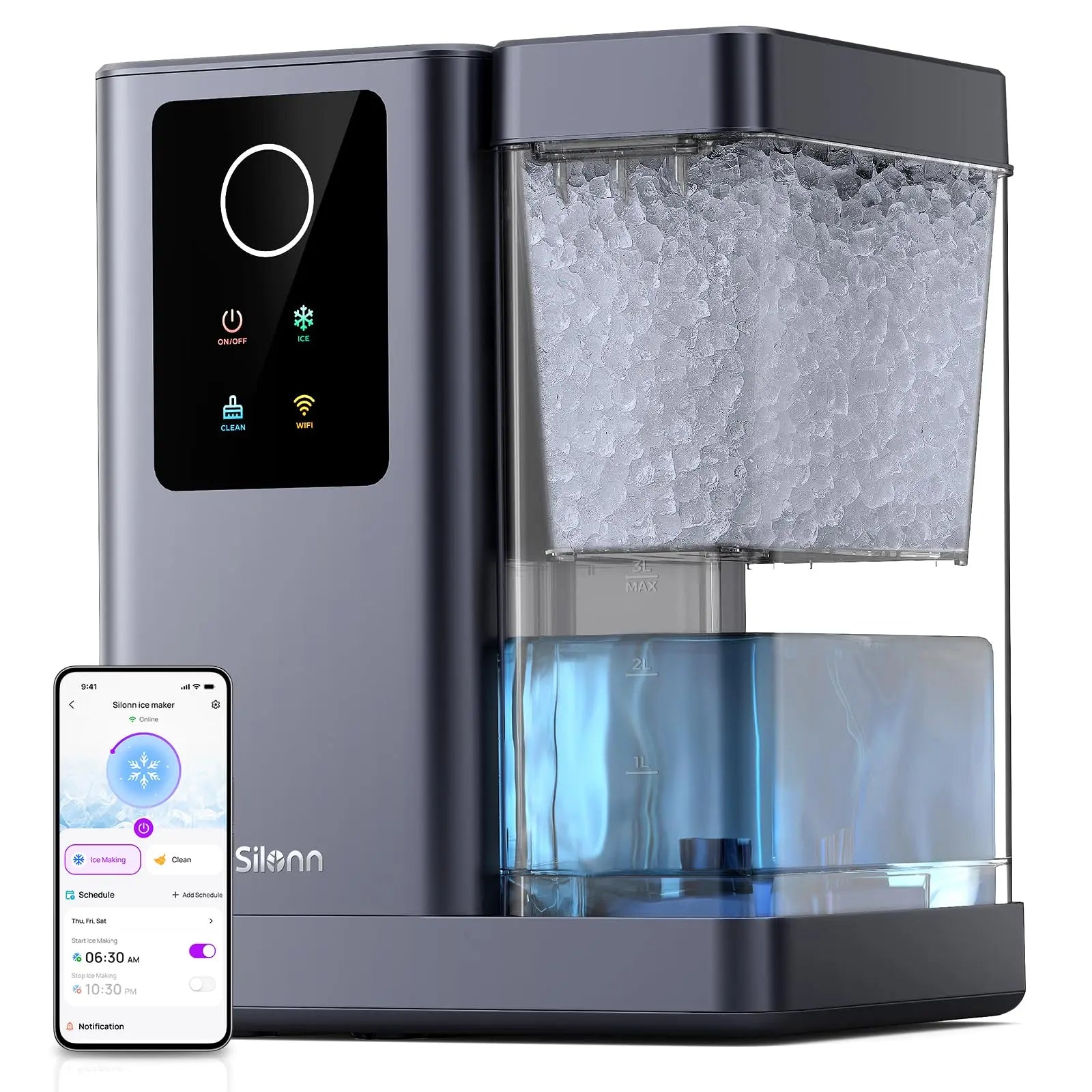 Silonn Nugget Ice Maker Countertop with APP & Voice Control, Self Cleaning Ice Machine with 3L Large Water Tank, 40 lbs/24H Soft Chewable Ice, Portable Pebble Ice Maker for Home, Kitchen and Party 