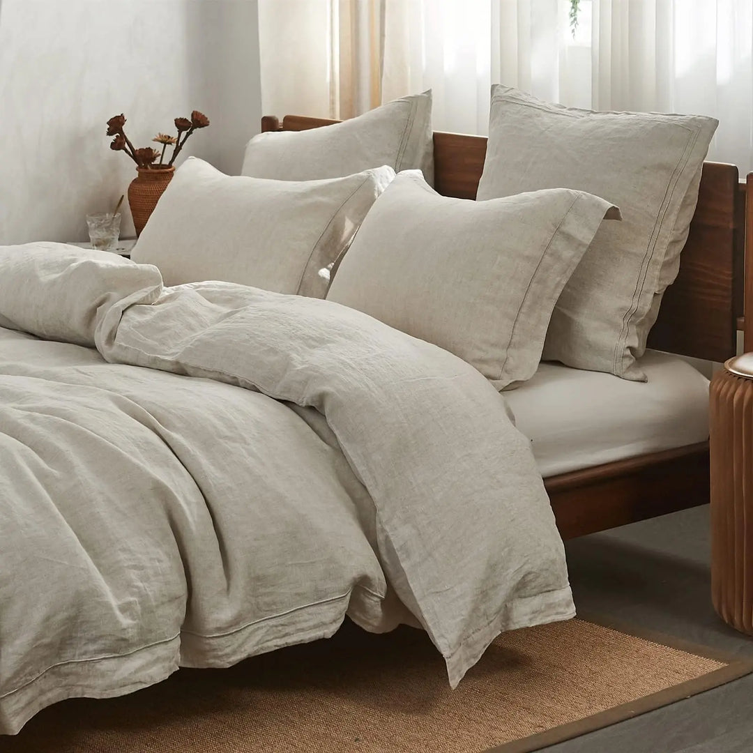 Simple&amp;Opulence 100% French Flax Linen Duvet Cover Set with Embroidery Washed - 3 Pieces (1 Duvet Cover with 2 Pillow Shams) with Button Closure Soft Breathable Farmhouse - Linen, King Size