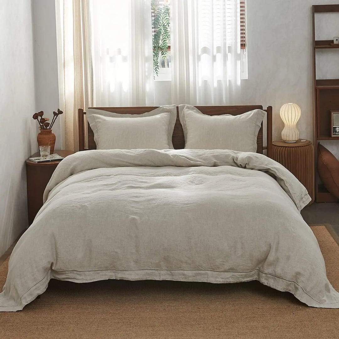 Simple&amp;Opulence 100% French Flax Linen Duvet Cover Set with Embroidery Washed - 3 Pieces (1 Duvet Cover with 2 Pillow Shams) with Button Closure Soft Breathable Farmhouse - Linen, King Size