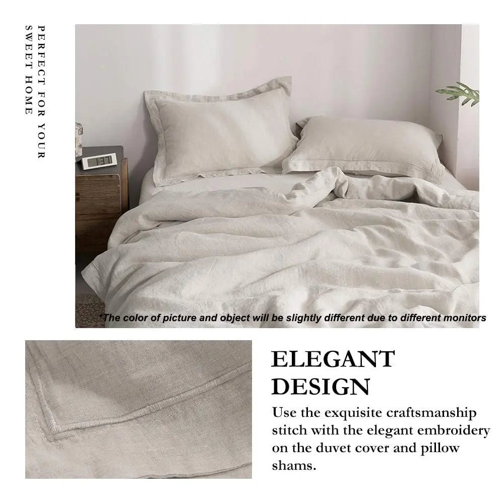 Simple&amp;Opulence 100% French Flax Linen Duvet Cover Set with Embroidery Washed - 3 Pieces (1 Duvet Cover with 2 Pillow Shams) with Button Closure Soft Breathable Farmhouse - Linen, King Size