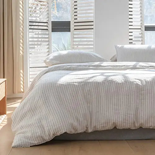 Simple&Opulence 100% Linen Duvet Cover Set 3pcs Yarn Dyed Vertical Pinstripe Ticking Pattern Natural French Washed Flax Breathable Farmhouse Bedding - Grey Stripe, Queen Size 