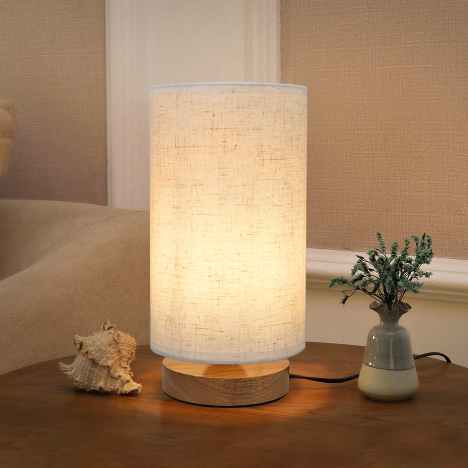 Small Bedside Night Table Lamp for Bedroom, Minimalist Nightstand Lamp with Round Fabric Linen Shade, Study Reading Desk Lamp for Kids Room, Living Room, College Dorm, Home, Office 