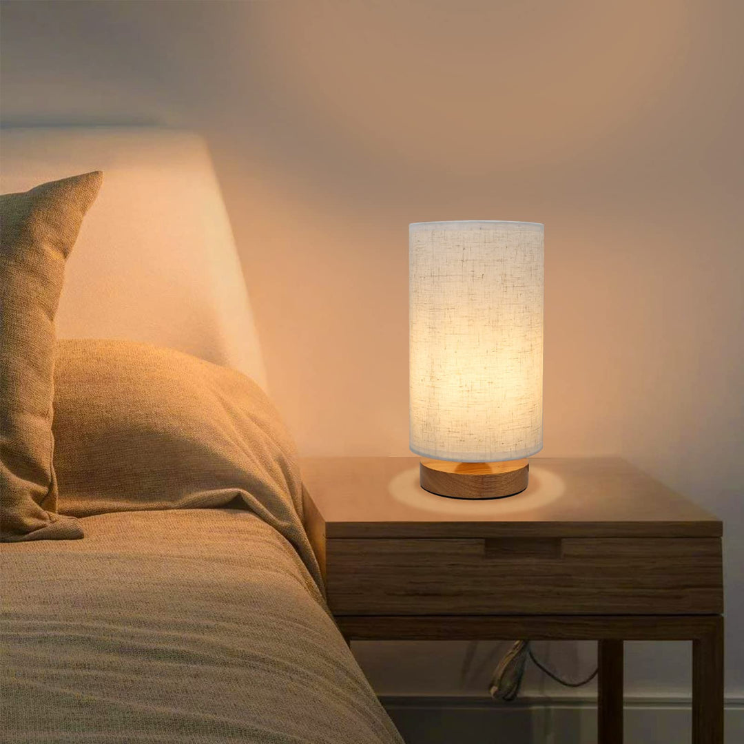 Small Bedside Night Table Lamp for Bedroom, Minimalist Nightstand Lamp with Round Fabric Linen Shade, Study Reading Desk Lamp for Kids Room, Living Room, College Dorm, Home, Office 
