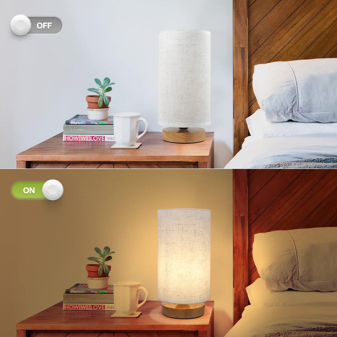 Small Bedside Night Table Lamp for Bedroom, Minimalist Nightstand Lamp with Round Fabric Linen Shade, Study Reading Desk Lamp for Kids Room, Living Room, College Dorm, Home, Office 