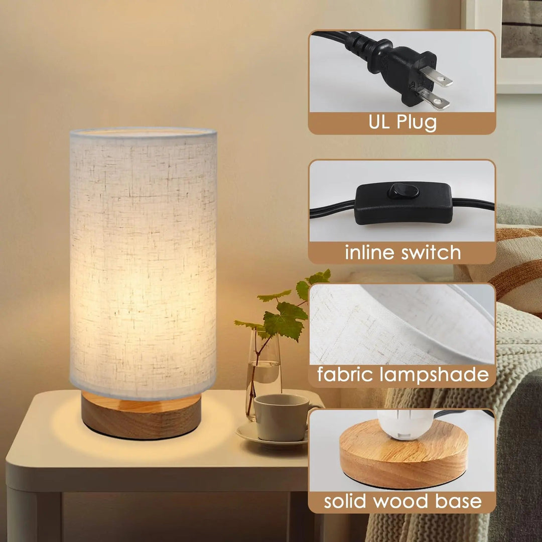 Small Bedside Night Table Lamp for Bedroom, Minimalist Nightstand Lamp with Round Fabric Linen Shade, Study Reading Desk Lamp for Kids Room, Living Room, College Dorm, Home, Office 