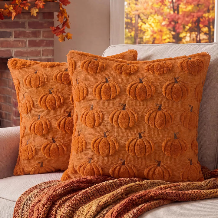 Softalker Fall Throw Pillow Covers 18x18, Set of 2, Rust Orange Pumpkin Decor