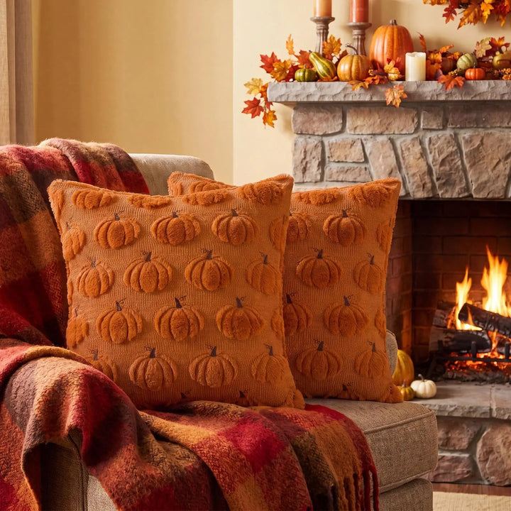 Softalker Fall Throw Pillow Covers 18x18, Set of 2, Rust Orange Pumpkin Decor