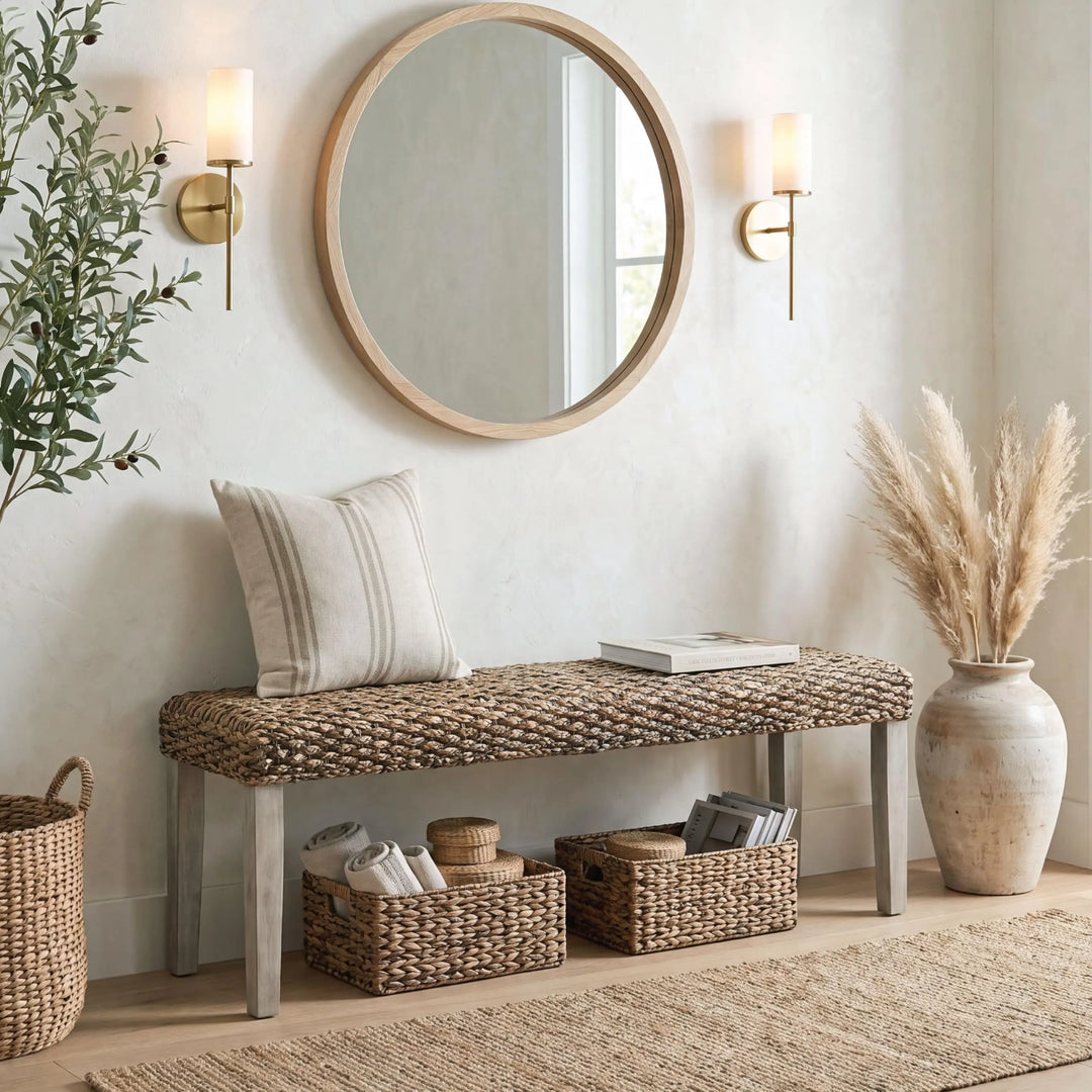 Solid Acacia Wood Bench with Natural Woven Water Hyacinth Seat, Grey Leg