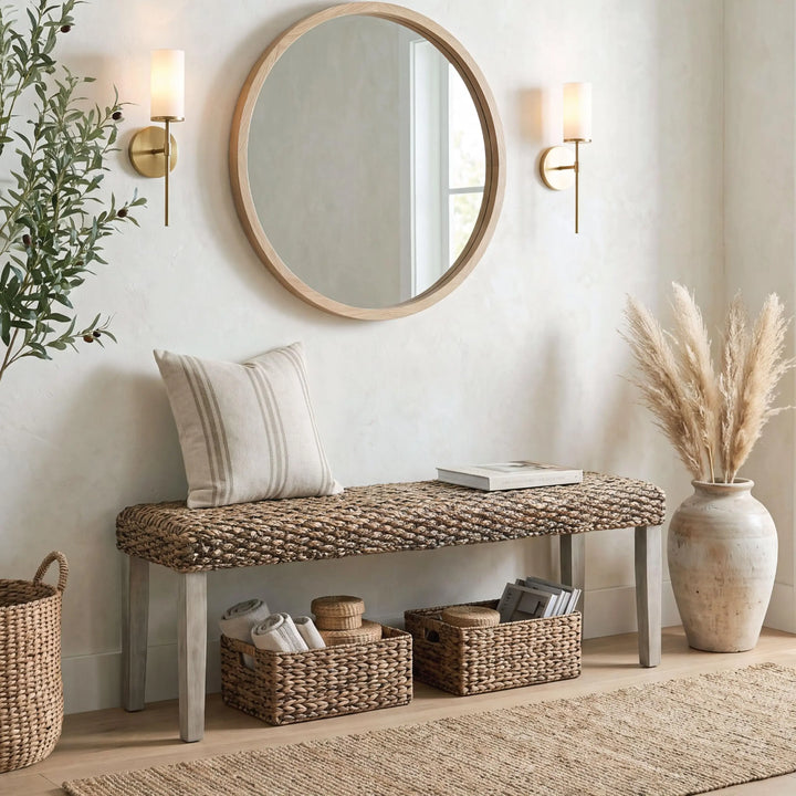 Solid Acacia Wood Bench with Natural Woven Water Hyacinth Seat, Grey Leg