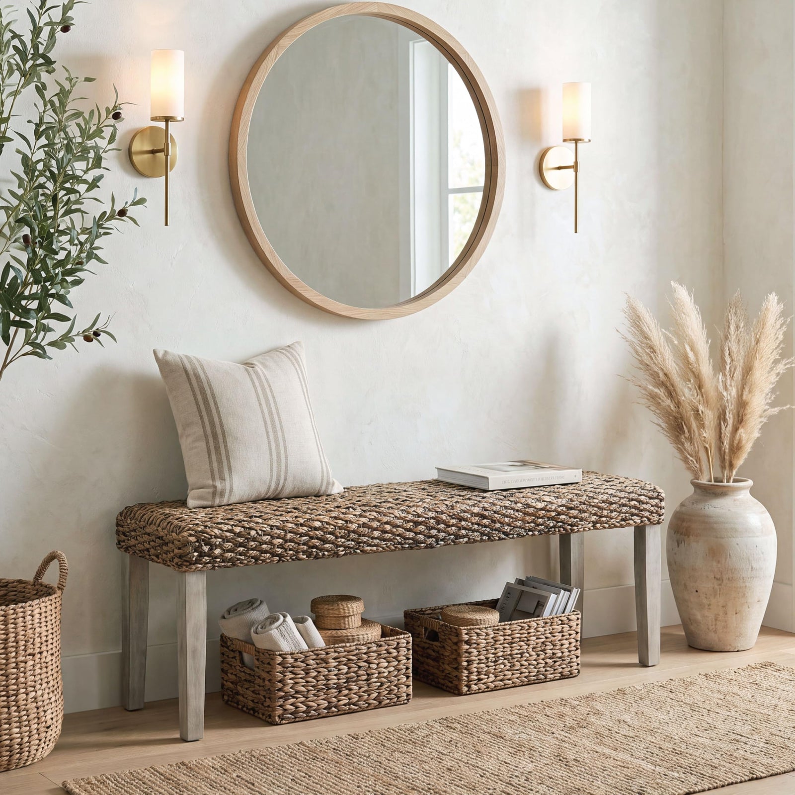 Solid Acacia Wood Bench with Natural Woven Water Hyacinth Seat, Grey Leg 