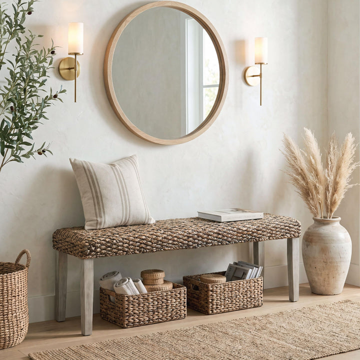 Solid Acacia Wood Bench with Natural Woven Water Hyacinth Seat, Grey Leg 