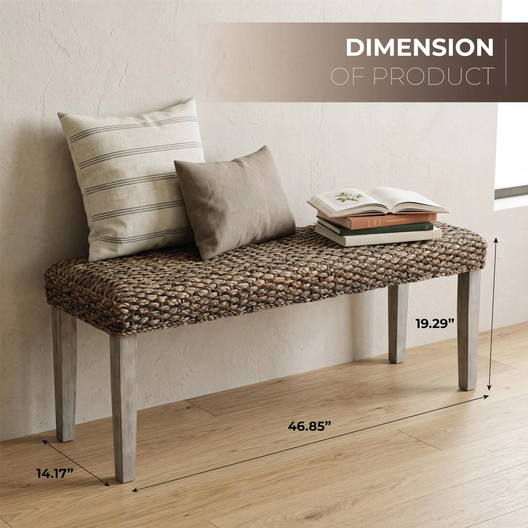 Solid Acacia Wood Bench with Natural Woven Water Hyacinth Seat, Grey Leg