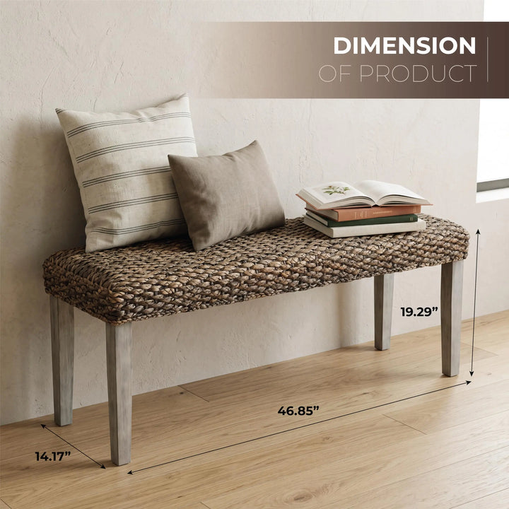 Solid Acacia Wood Bench with Natural Woven Water Hyacinth Seat, Grey Leg