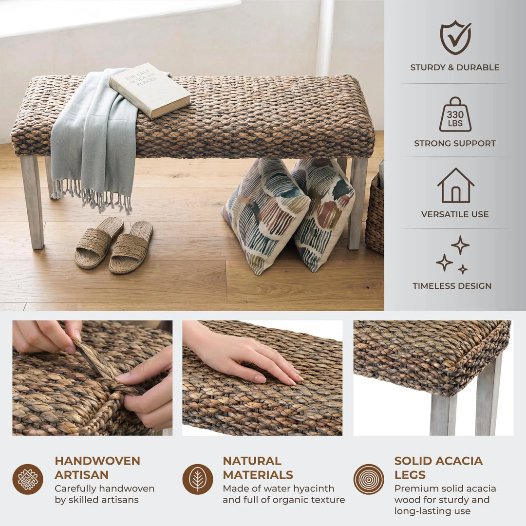 Solid Acacia Wood Bench with Natural Woven Water Hyacinth Seat, Grey Leg