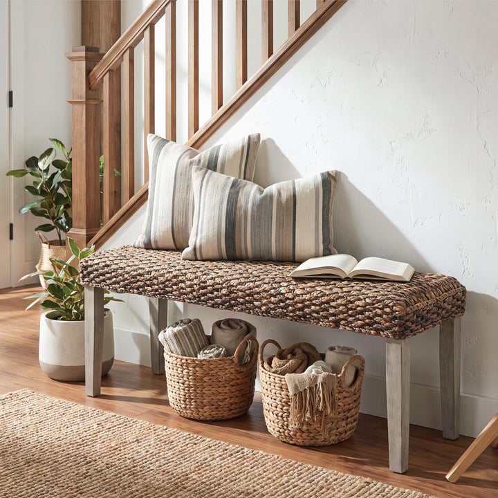 Solid Acacia Wood Bench with Natural Woven Water Hyacinth Seat, Grey Leg 