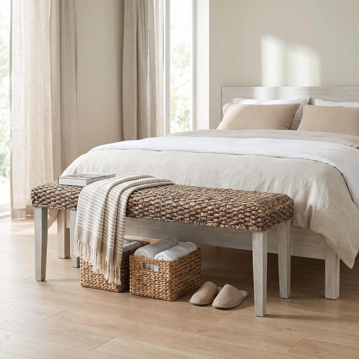 Solid Acacia Wood Bench with Natural Woven Water Hyacinth Seat, Grey Leg