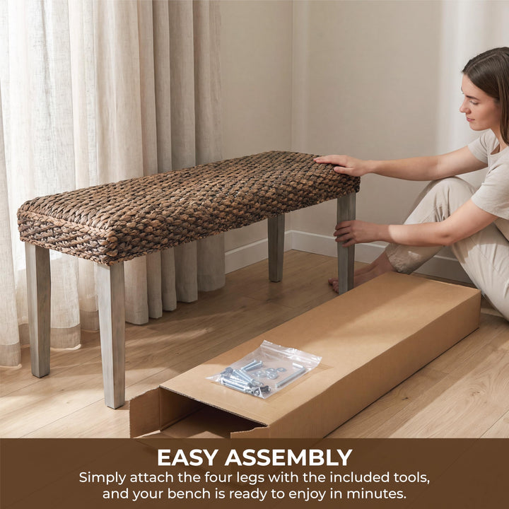 Solid Acacia Wood Bench with Natural Woven Water Hyacinth Seat, Grey Leg 