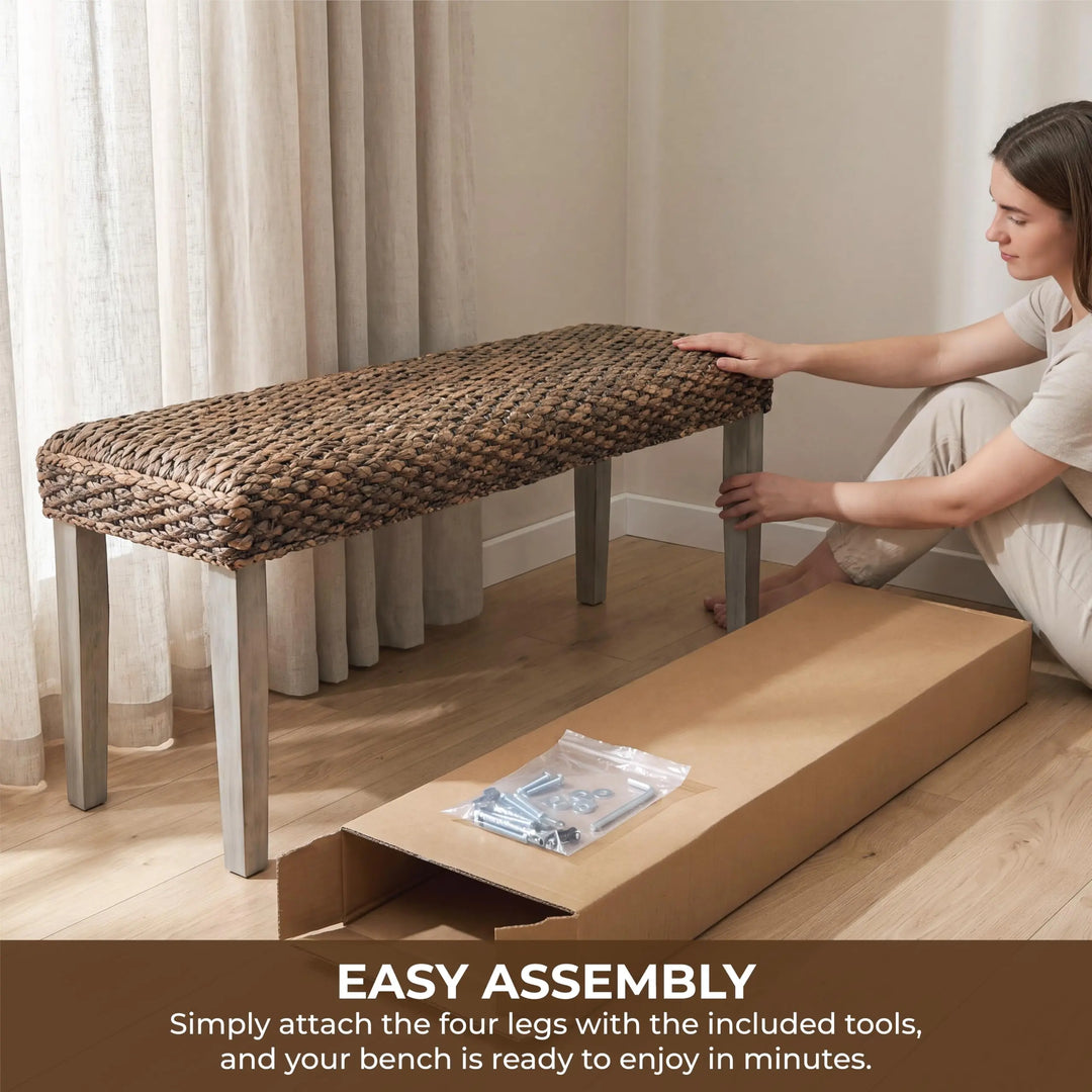 Solid Acacia Wood Bench with Natural Woven Water Hyacinth Seat, Grey Leg