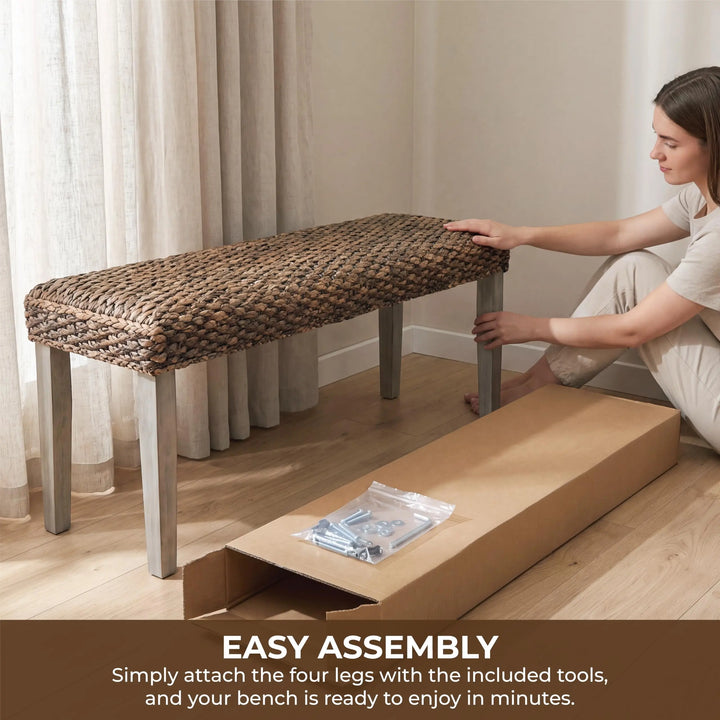 Solid Acacia Wood Bench with Natural Woven Water Hyacinth Seat, Grey Leg