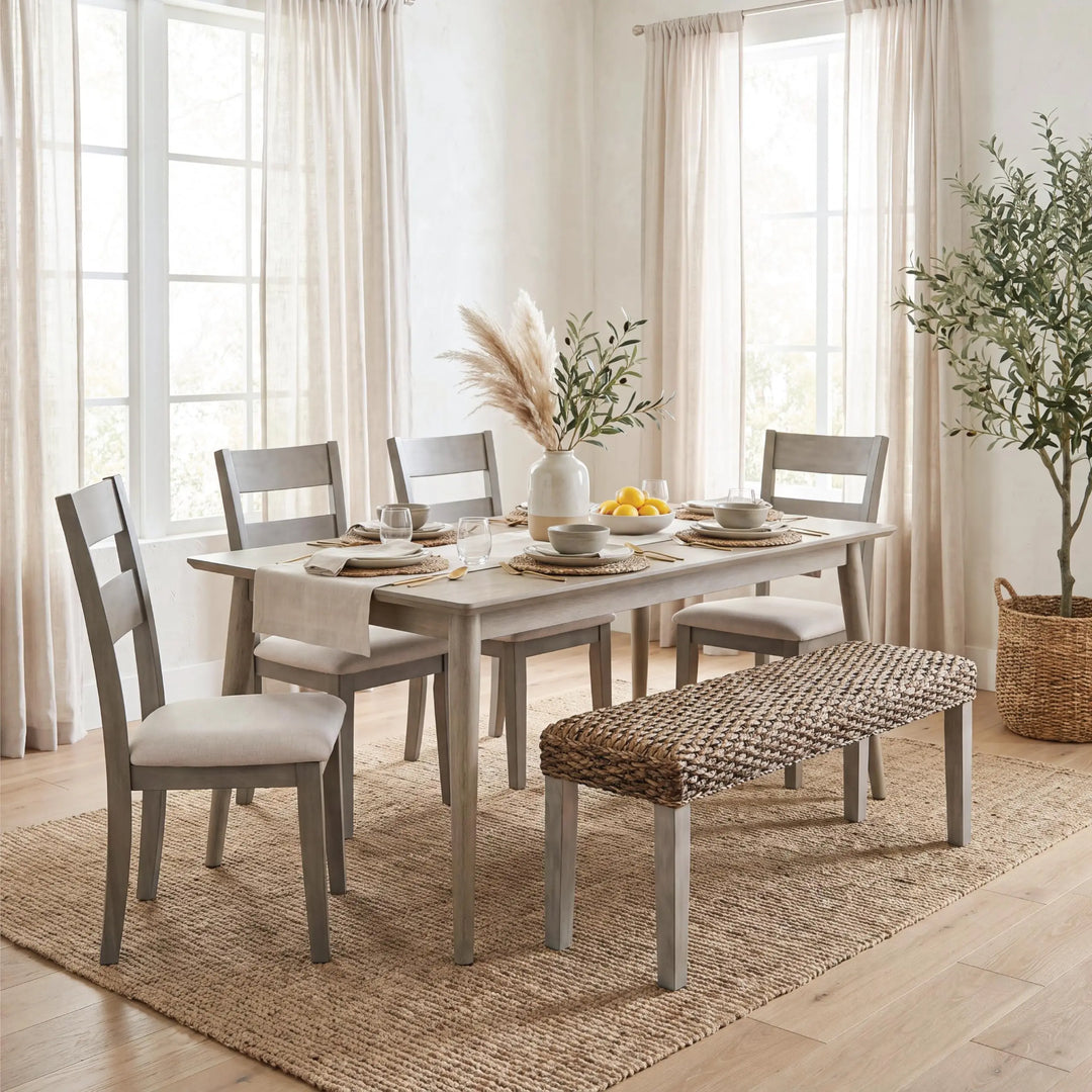 Solid Acacia Wood Bench with Natural Woven Water Hyacinth Seat, Grey Leg