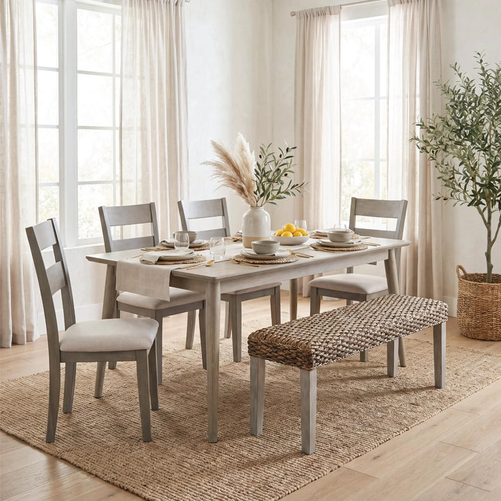 Solid Acacia Wood Bench with Natural Woven Water Hyacinth Seat, Grey Leg