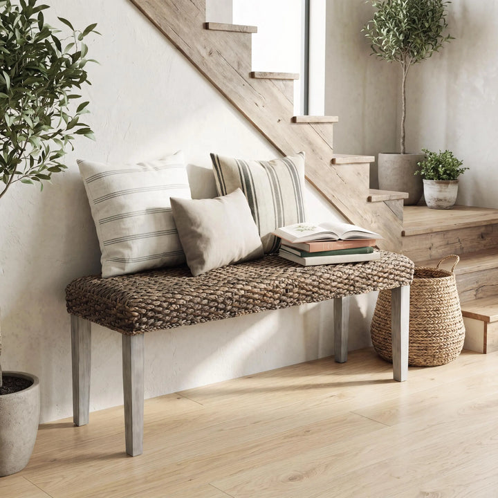 Solid Acacia Wood Bench with Natural Woven Water Hyacinth Seat, Grey Leg