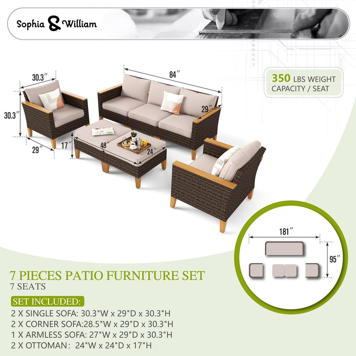 Sophia &amp; William 7 Pieces Wicker Patio Furniture Set, Beige Cushion 