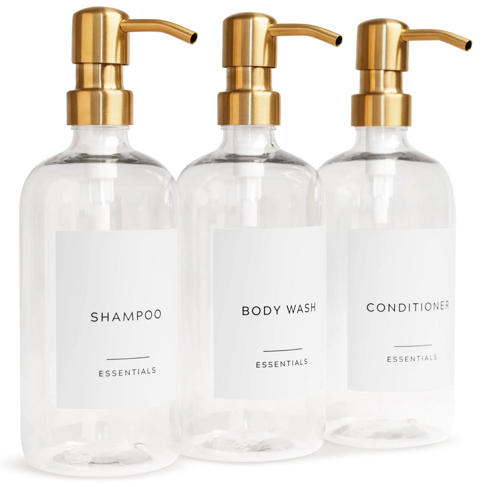 Stylish Shampoo and Conditioner Dispenser Set of 3 - Modern 21oz Shower Soap Bottles with Pump and Labels - Easy to Refill Body Wash Dispensers for an Instant Bathroom Decor Upgrade Clear 