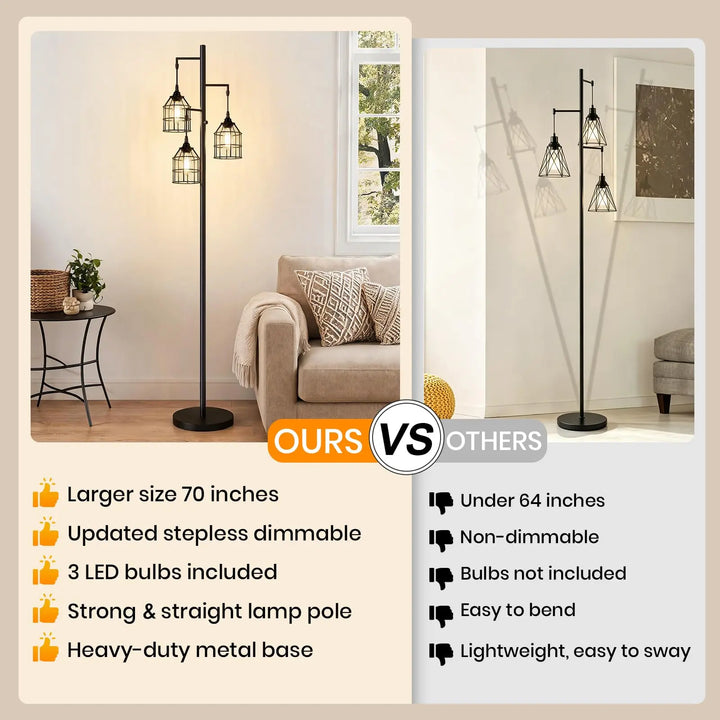 Sucolite 70’’ Tall Floor Lamp for Living Room, 3-Light Black Standing Lamp