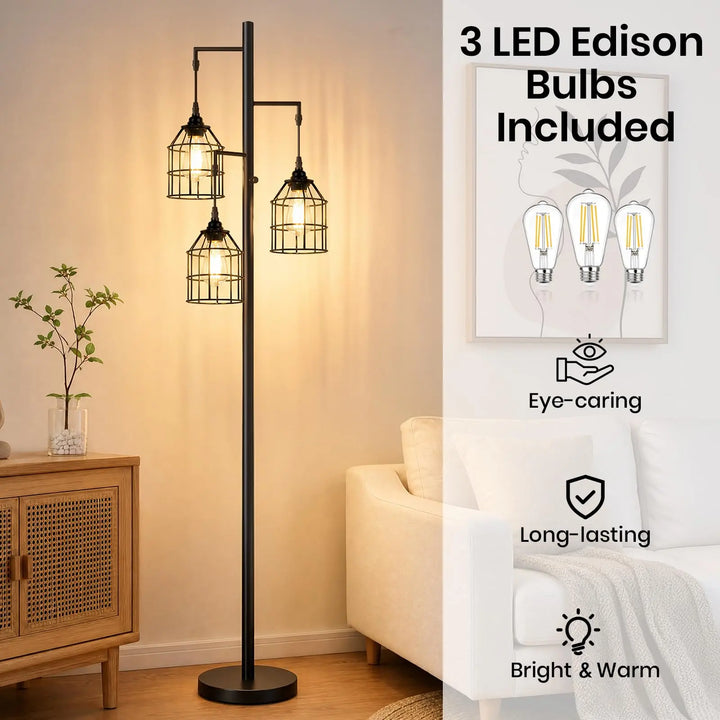 Sucolite 70’’ Tall Floor Lamp for Living Room, 3-Light Black Standing Lamp