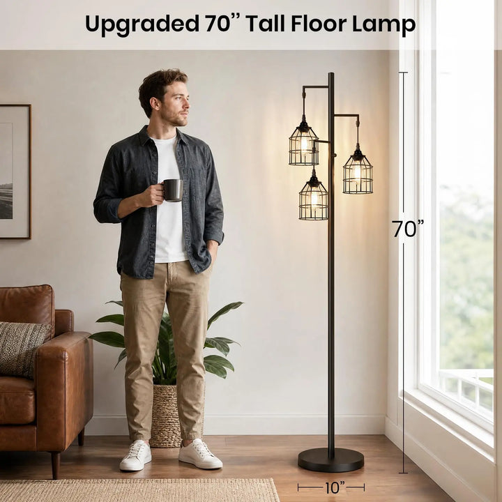 Sucolite 70’’ Tall Floor Lamp for Living Room, 3-Light Black Standing Lamp