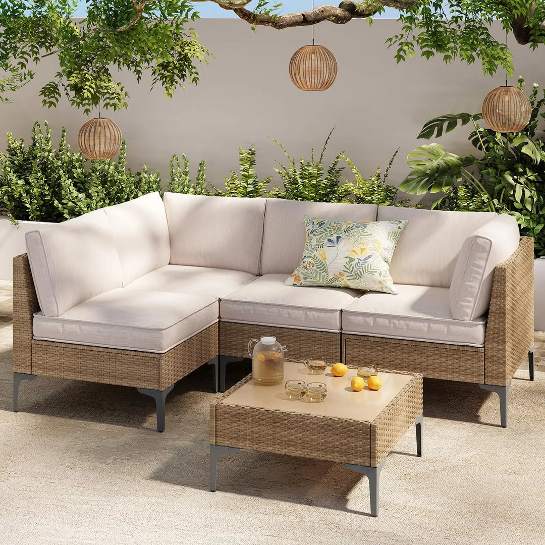 SunloungeCo 5-Piece Patio Furniture Set, Outdoor Wicker Sectional Sofa with Coffee Table, Anti-Slip &amp; Thick All-Weather Cushions for Party, Garden, Backyard, Beige 
