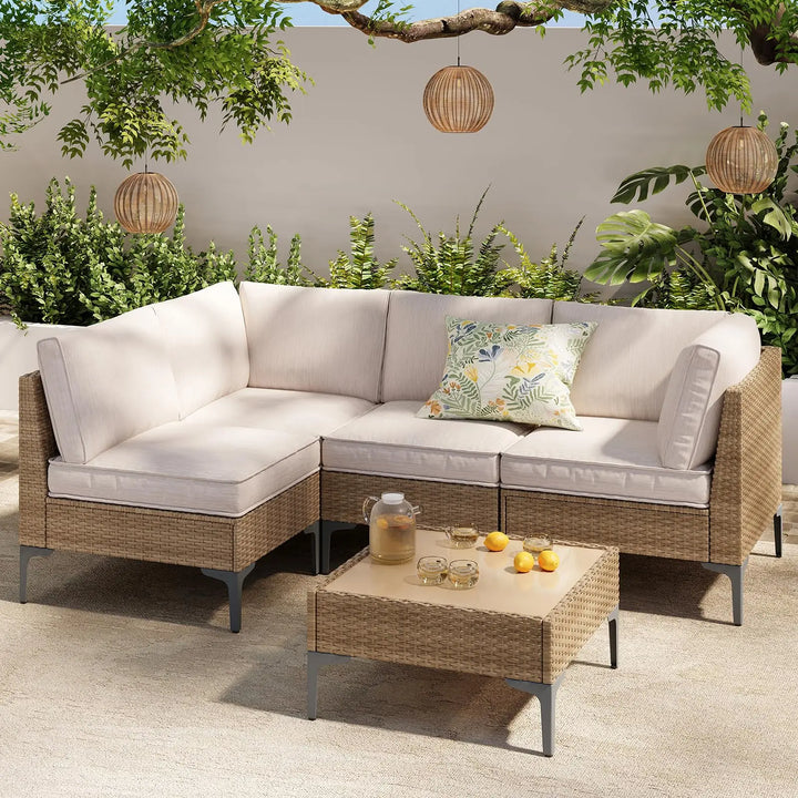 SunloungeCo 5-Piece Patio Furniture Set, Outdoor Wicker Sectional Sofa with Coffee Table, Anti-Slip &amp; Thick All-Weather Cushions for Party, Garden, Backyard, Beige 