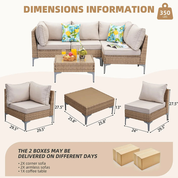 SunloungeCo 5-Piece Patio Furniture Set, Outdoor Wicker Sectional Sofa with Coffee Table, Anti-Slip &amp; Thick All-Weather Cushions for Party, Garden, Backyard, Beige 
