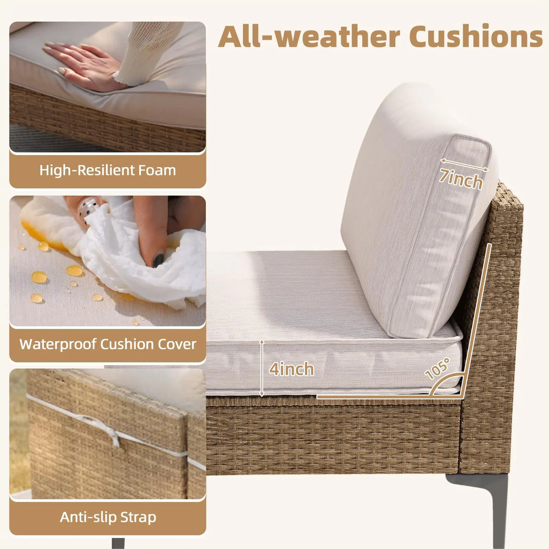 SunloungeCo 5-Piece Patio Furniture Set, Outdoor Wicker Sectional Sofa with Coffee Table, Anti-Slip &amp; Thick All-Weather Cushions for Party, Garden, Backyard, Beige 