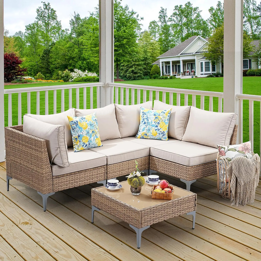 SunloungeCo 5-Piece Patio Furniture Set, Outdoor Wicker Sectional Sofa with Coffee Table, Anti-Slip &amp; Thick All-Weather Cushions for Party, Garden, Backyard, Beige 
