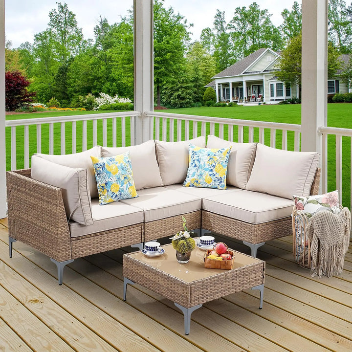 SunloungeCo 5-Piece Patio Furniture Set, Outdoor Wicker Sectional Sofa with Coffee Table, Anti-Slip &amp; Thick All-Weather Cushions for Party, Garden, Backyard, Beige 