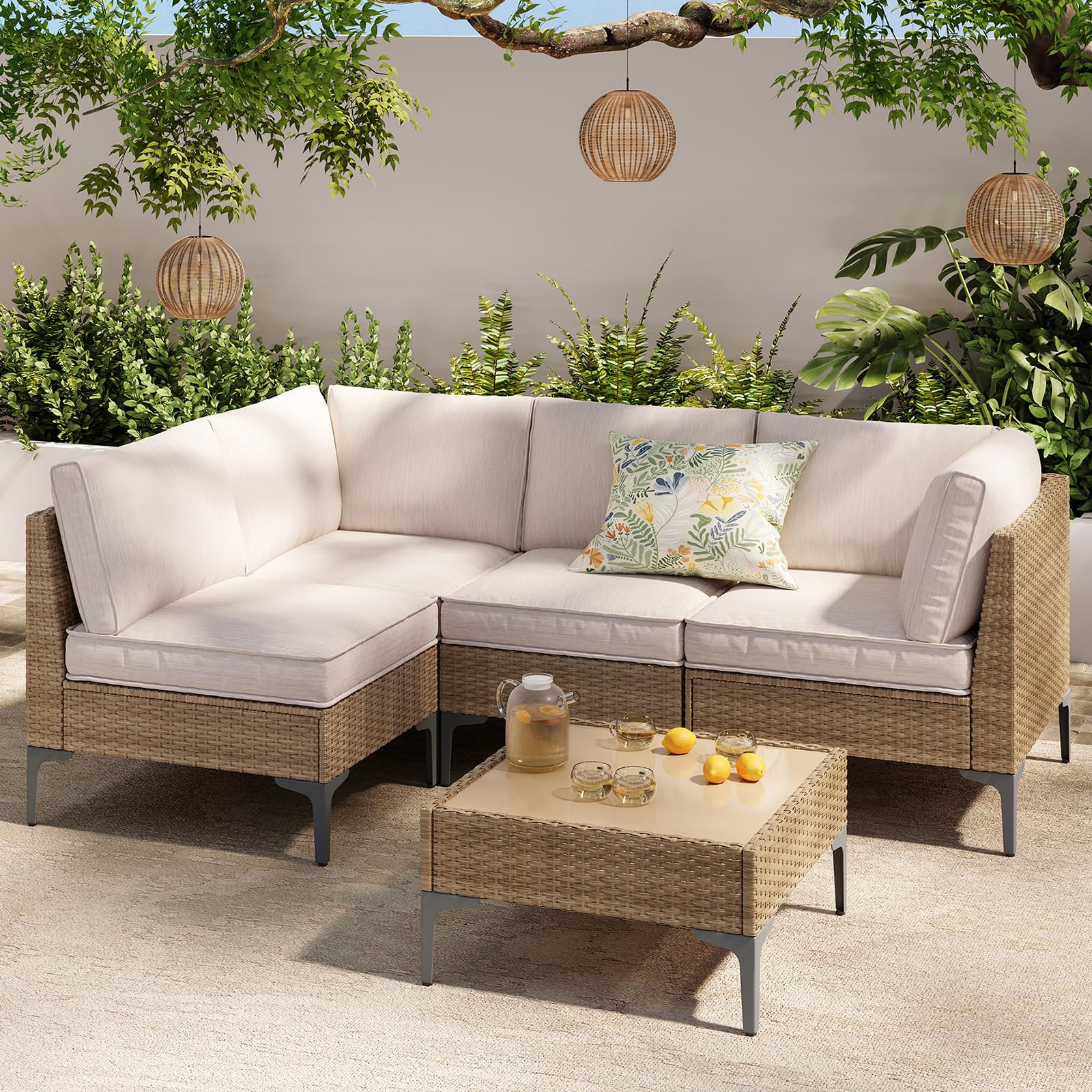 SunloungeCo 5-Piece Patio Furniture Set, Outdoor Wicker Sectional Sofa with Coffee Table, Anti-Slip & Thick All-Weather Cushions for Party, Garden, Backyard, Beige 