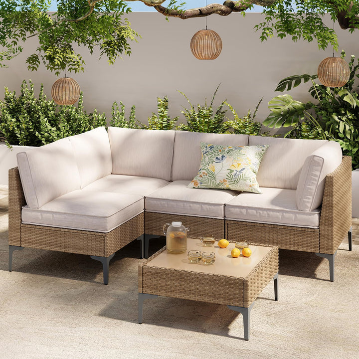 SunloungeCo 5-Piece Patio Furniture Set, Outdoor Wicker Sectional Sofa with Coffee Table, Anti-Slip &amp; Thick All-Weather Cushions for Party, Garden, Backyard, Beige 