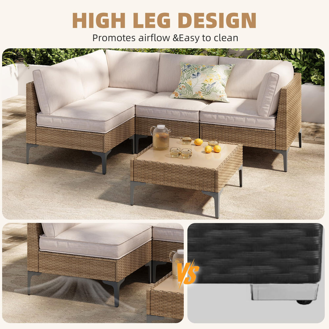 SunloungeCo 5-Piece Patio Furniture Set, Outdoor Wicker Sectional Sofa with Coffee Table, Anti-Slip &amp; Thick All-Weather Cushions for Party, Garden, Backyard, Beige 