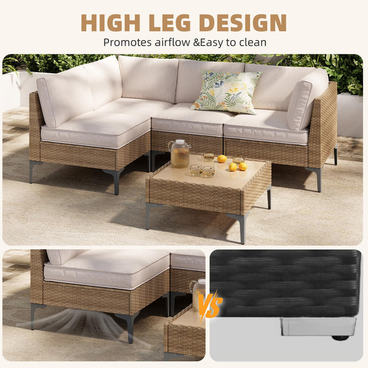 SunloungeCo 5-Piece Patio Furniture Set, Outdoor Wicker Sectional Sofa with Coffee Table, Anti-Slip &amp; Thick All-Weather Cushions for Party, Garden, Backyard, Beige 