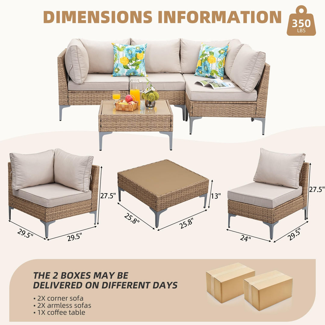 SunloungeCo 5-Piece Patio Furniture Set, Outdoor Wicker Sectional Sofa with Coffee Table, Anti-Slip &amp; Thick All-Weather Cushions for Party, Garden, Backyard, Beige 